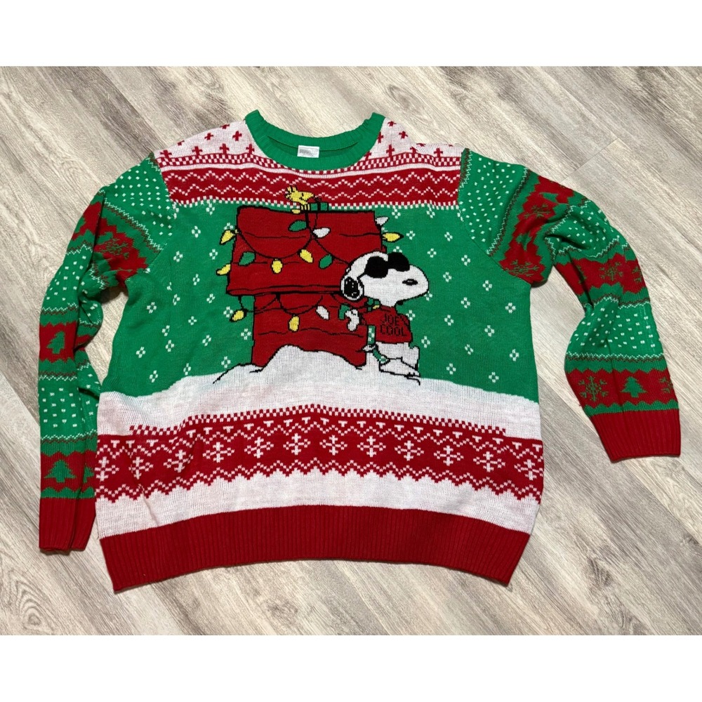 Peanuts Joe Cool Snoopy Christmas Sweater Green‎ Red Fair Isle Mens 3XL 54-56